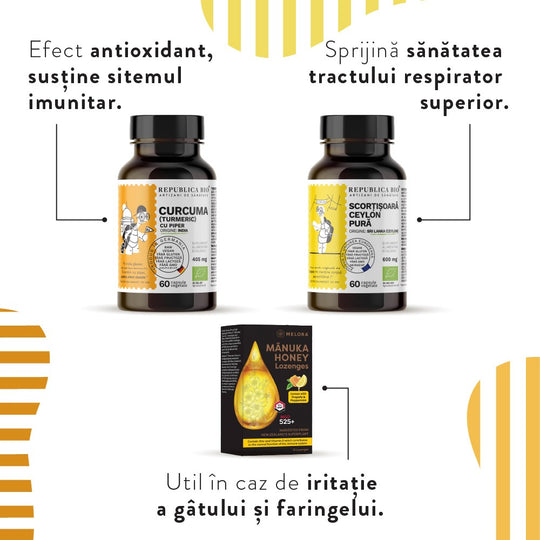 RESPIRATORY CARE, pachet promotional (Dropsuri manuka lamaie + Curcuma capsule + Scortisoara capsule), natural, 93g